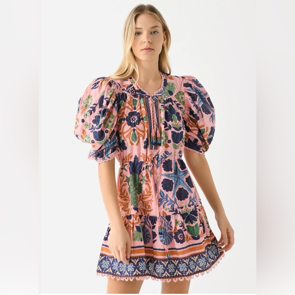 Farm Rio Seashell Tapestry Mini Dress Women’s S Pink Puff Sleeve $200
